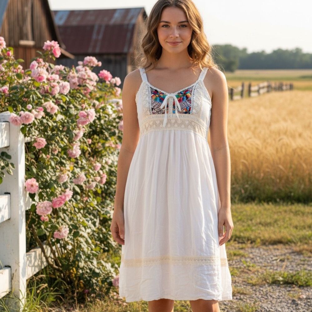 Women’s White Boho Embroidered Peasant Dress | Lace Trim Empire Waist